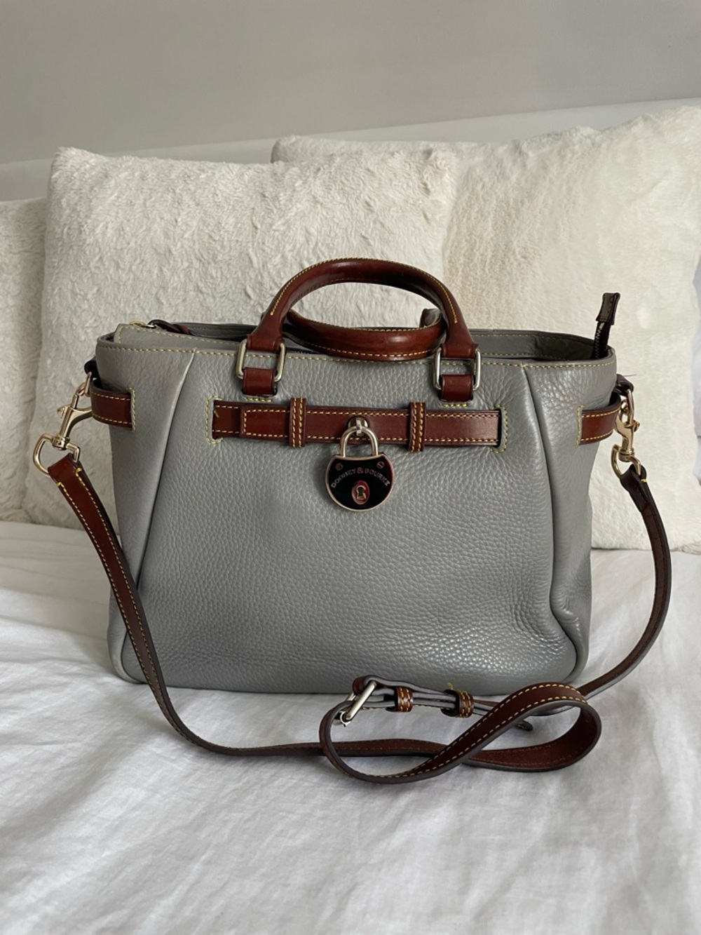Dooney & Bourke Samba Leather Belted Shopper Satchel Gray Brown Crossbody